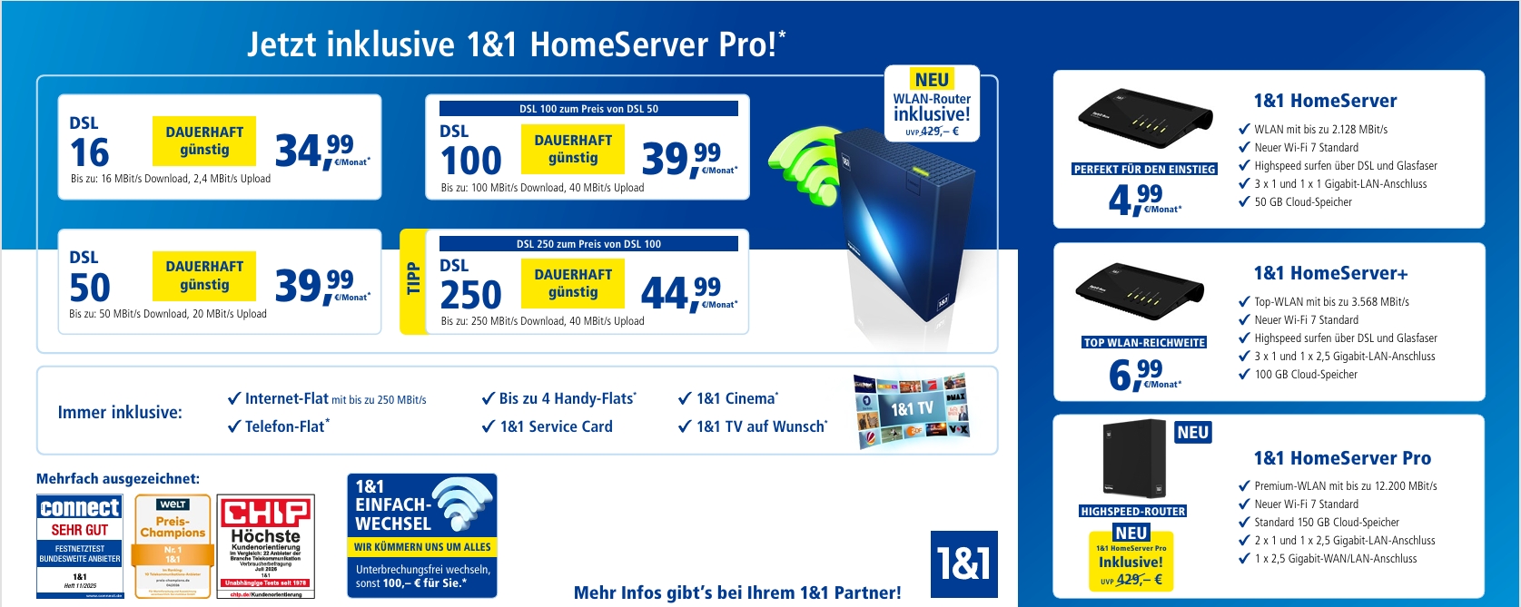 Beispielübersicht 1&1 DSL-Tarife und Router