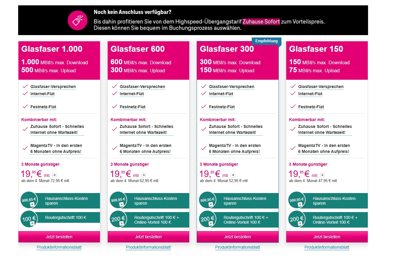 Beispielübersicht der Telekom Glasfaser-Tarife